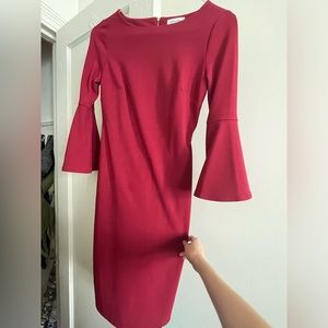 Calvin Klein dark pink bell sleeve midi cocktail dress